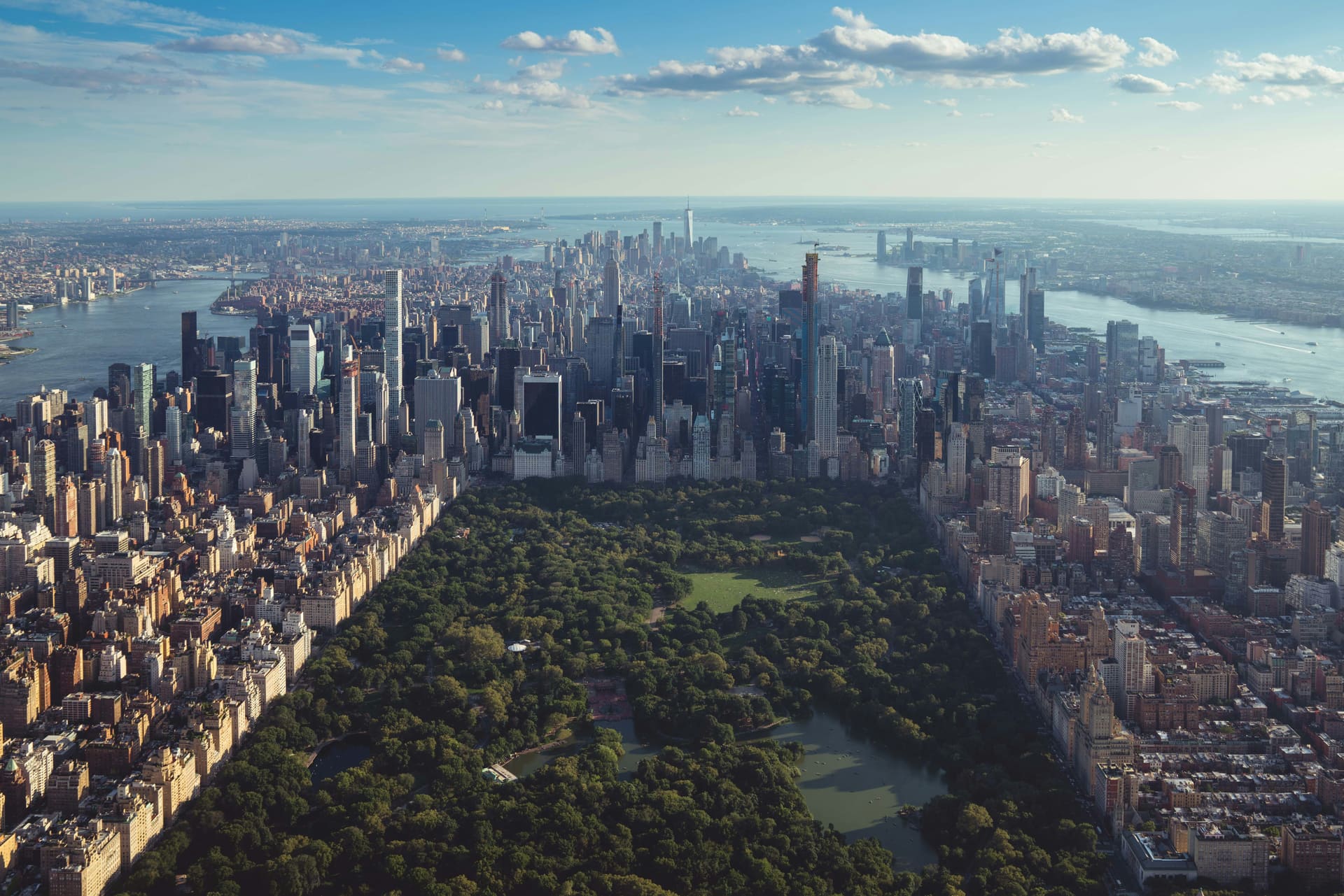 Aerial view over Central Park and the Manhattan skyline
